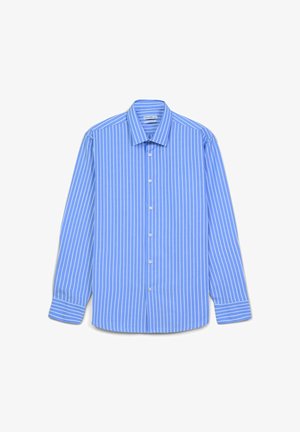 Hellblaues Hemd mit langen Ärmeln, kontrastierenden weißen vertikalen Streifen, klassischem Kragen und geradem Saum.