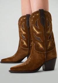 Les bottes de cowboy en daim marron présentent des motifs découpés, des accents beige contrastants, des bouts pointus et un talon bloc avec des détails de couture.