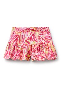 Gonna floreale rosa e gialla, con un elastico in vita e orlo arricciato, realizzata in tessuto leggero.