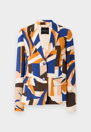Colorful blazer in abstract patterns of blue, orange, brown, and cream. Features a notched collar, two front pockets, and button closures.