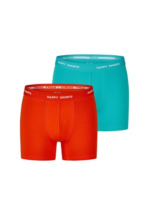 Zwei Paar Herrenboxershorts, eines in knallrot und eines in türkis, jeweils mit "HAPPY SHORTS" Text am Bund.