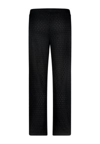 Schwarze weit geschnittene Hosen mit strukturiertem Muster und Ausschnitten. Elastischer Bund für Komfort. Keine sichtbaren Nähte oder Beschläge.