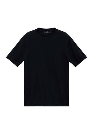 Einfarbiges schwarzes T-Shirt mit kurzen Ärmeln und Rundhalsausschnitt, dargestellt auf weißem Hintergrund mit kleinem Markenetikett am Halsausschnitt.