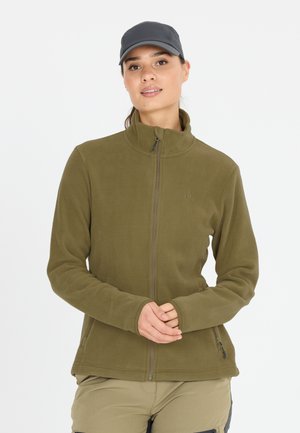 Olive green fleece jacket with a high collar, full zip front, and side pockets. Features vertical seams and a soft texture.