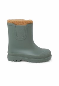 Stivale alla caviglia verde in gomma con rivestimento in finta pelliccia marrone, pannello laterale testurizzato e suola robusta con scanalature profonde per una buona aderenza.