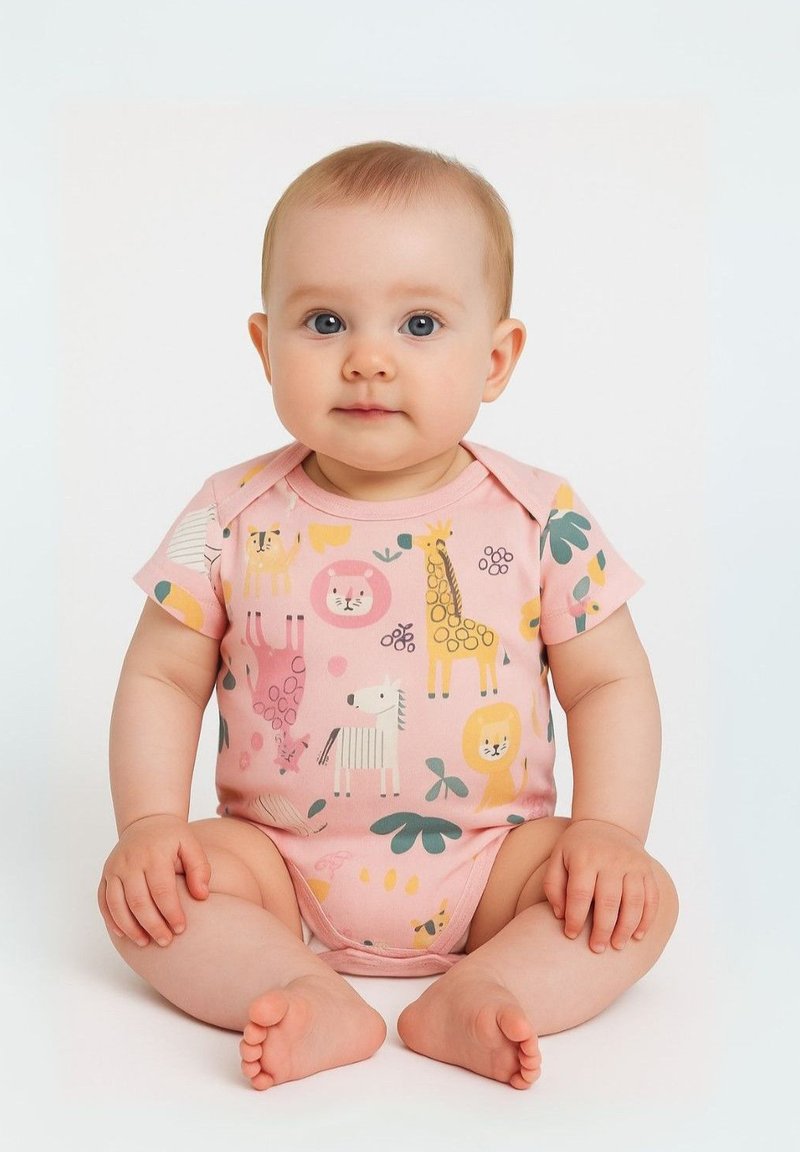 Rožinė trumpomis rankovėmis bodysuit'as su žaismingais gyvūnų raštais geltonos, oranžinės ir žalios spalvų. Minkšta medžiaga, apvalus iškirpimas ir spaudžių uždarymas.