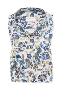 Witte shirt met een levendig fleurige paisleypatroon in blauw, groen en geel, met een slim fit, een spread collar en een knoopzak.