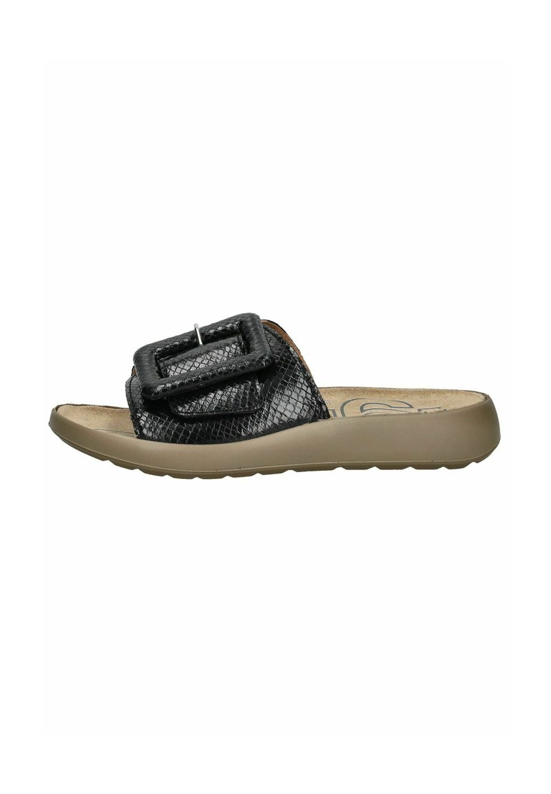 Black slide sandal with textured upper, double buckle detail, and cushioned beige sole. Flat design suitable for casual wear.