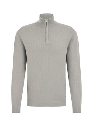 Šviesiai pilkas megztinis ilgomis rankovėmis su tekstūruotu, megztu paviršiumi ir pusiau užtraukiamu apykakliu. Turi riboto modelio rankogalius ir apačią.