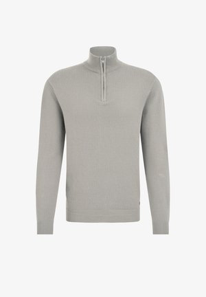 Világosszürke, hosszú ujjú pulóver texturált, kötött felülettel és félcipzáras gallérral. Bordázott mandzsettákkal és szegéllyel rendelkezik.