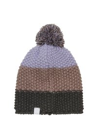 Stickad mössa med tre horisontella ränder: ljus lavendel, brun och mörkgrå; prydd med en texturerad brun pom-pom.