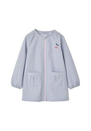 Long-sleeve blue and white striped children's smock with front pockets, elastic cuffs, a pink zipper, and a small cherry design on the chest.