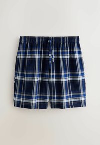 Navy blue miesten ruudulliset shortsit, jotka on varustettu valkoisilla ja vaaleansinisillä yksityiskohdilla. Shortseissa on joustava vyötärö ja nauha, ja ne on valmistettu kevyestä kankaasta.