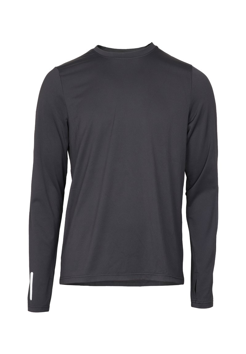 Svart långärmad träningsskjorta med rund hals och tumhål, med en vit reflexrem på en manschett.