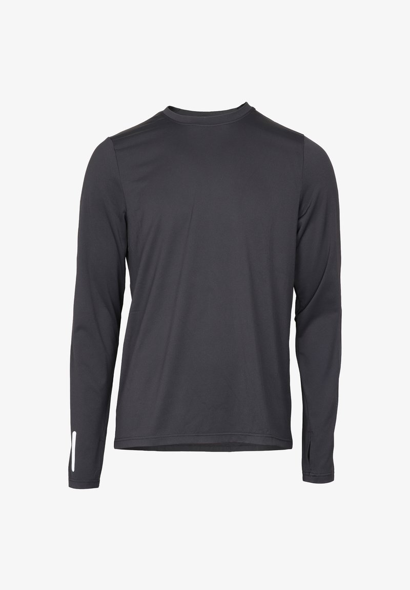 Svart långärmad träningsskjorta med rund hals och tumhål, med en vit reflexrem på en manschett.