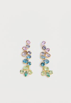 Goldohrringe mit Gruppen von ovalen und runden pastellfarbenen Edelsteinen in Pink, Blau, Grün und Lila, die in einem hängenden Design angeordnet sind.