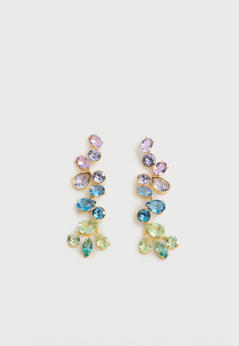 Χρυσά σκουλαρίκια με συστάδες οβάλ και στρογγυλών παστέλ πολύτιμων λίθων σε ροζ, μπλε, πράσινο και μοβ, διατεταγμένα σε κρεμαστό σχέδιο.
