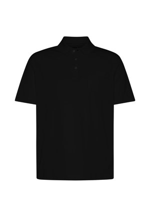 Schwarzes Poloshirt mit kurzen Ärmeln, drei Knöpfen, einem Kragen und regulärer Passform auf weißem Hintergrund.