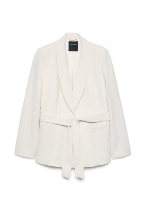Blazer blanc ceinturé avec col châle et manches longues, poches avant et finition tissu lisse.