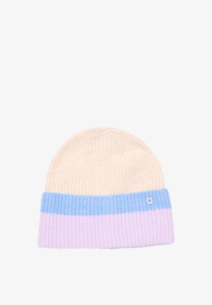 Gehaakte beanie in crème met een blauw en lichtpaars gestreepte omslag. Bevat een kleine metalen accent aan de zijkant. Zachte textuur, geribbelde ontwerp.