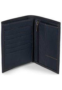 Navy leather wallet with multiple card slots, a zippered pocket, and contrasting stitch details. Compact design, smooth texture, and durable.