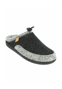 Grijze en zwarte vilten slipper met een gladde buitenkant, ronde vorm, rubberen zool en een verstelbare sluiting.
