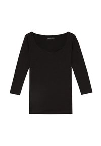 Top negro de manga larga con un amplio escote en forma de barco. Hecho de un material suave y ligero con una forma ajustada y una textura lisa.