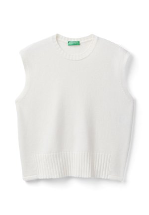 Suéter blanco sin mangas con cuello redondo, dobladillo acanalado y una textura suave. La etiqueta tiene un fondo verde con texto blanco.