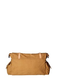 Borsa in tela marrone morbida con manici in pelle, design pieghevole, tasche laterali e superficie texture. Forma compatta e funzionale.