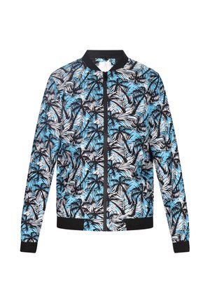 Bomberjack met een zwarte basis en een palmbladprint in blauw en wit. Ribgebreide kraag, manchetten en zoom. Volledige ritssluiting aan de voorkant.