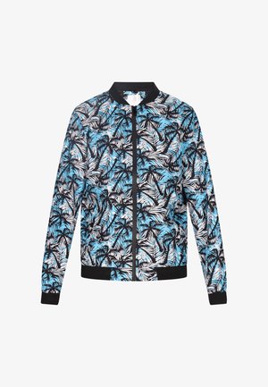 Bomberjacke mit schwarzem Grundton und einem Palmenblatt-Print in Blau und Weiß. Rippkragen, -bündchen und -saum. Voller Frontreißverschluss.