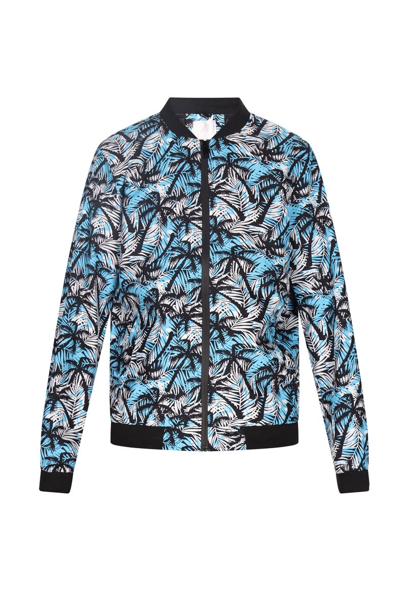Bomberjack met een zwarte basis en een palmbladprint in blauw en wit. Ribgebreide kraag, manchetten en zoom. Volledige ritssluiting aan de voorkant.