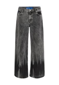 Wide-leg jeans in faded black denim, featuring a dip-dye effect, steel hardware, and a classic five-pocket design with a standard waistband.