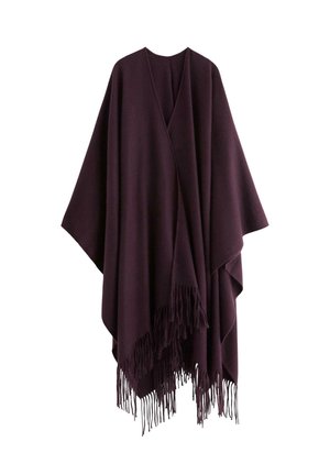 Violet indpakningsponcho i blødt stof, med V-hals og frynsegodt kanter, samt et løst, flydende design til alsidig lagdeling.