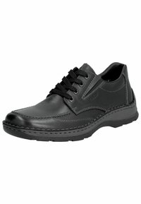 Chaussures en cuir noir à lacets avec des accents texturés, des coutures contrastantes, une semelle en caoutchouc et un bout arrondi. Présente un détail supplémentaire sur le panneau latéral.