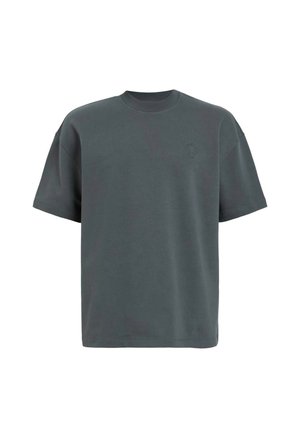 Donkergrijze katoenen t-shirt met ronde hals, korte mouwen en een klein logo gedrukt op de linkerbovenborst. Soepele textuur, losse pasvorm.