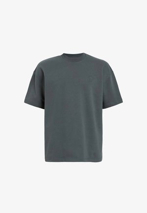Dark gray cotton t-shirt with a crew neck, short sleeves, and a small logo printed on the left chest. Smooth texture, relaxed fit.