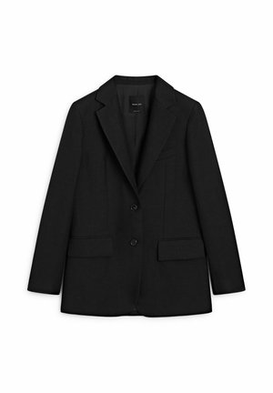 Black single-breasted blazer with notch lapels, two buttons, flap pockets, and a chest welt pocket, laid flat on a white background.