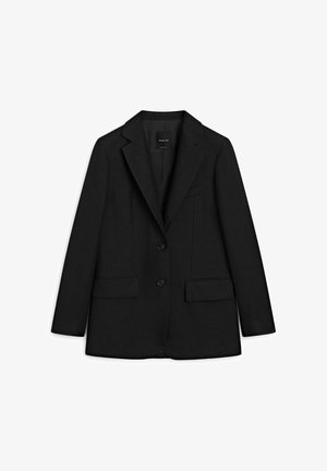 Black single-breasted blazer with notch lapels, two buttons, flap pockets, and a chest welt pocket, laid flat on a white background.
