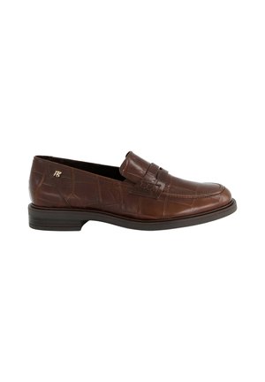 Brown leather men's loafer with crocodile texture, low heel, and strap detail across the top, shown from the inner side.