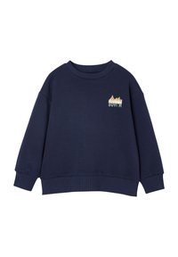 Marineblaues Sweatshirt mit Rundhalsausschnitt und langen Ärmeln. Mit einem gestickten Design von Spitzen und Text in hellen Farben auf der Brust.