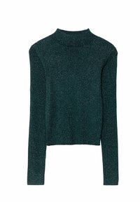 Groene, metalen geribbelde coltrui met lange mouwen en een aansluitend ontwerp. Zachte textuur, verkorte zoom en een lichte glans.