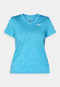 Vaaleansininen, lyhythihainen urheilupaita, jossa on V-aukko, meleerattu kuvio ja valkoinen Under Armour -logo vasemmassa rinnassa.