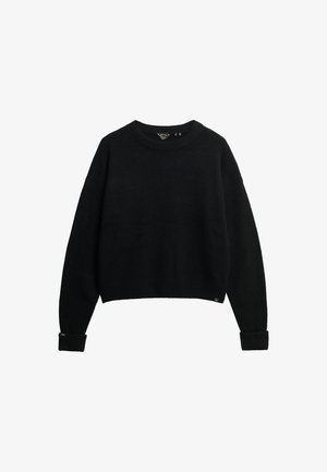 Zwarte gebreide trui met een ronde halslijn, verlaagde schouders en geribbelde manchetten. Zachte textuur en cropped ontwerp.