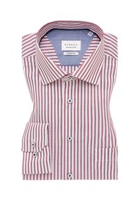 Camicia a righe rosse e bianche con una vestibilità moderna, in cotone, colletto a bottoni, maniche lunghe e una singola tasca sul petto.