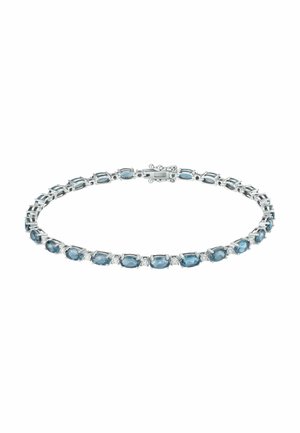 Silver bracelet with oval blue gemstones and small clear stones in an alternating pattern, fastened with a clasp.