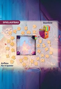 Brettspiel-Setup mit hellen Holz-Puzzlestücken auf einem bunten, illustrierten Hintergrund mit einem Labor und cartoonhaften Figuren.
