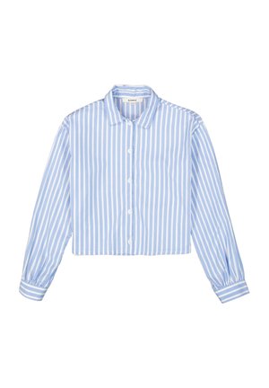 Lyseblå og hvid skjorte med lodrette striber, lange ærmer, knapper foran, krave og manchetter.