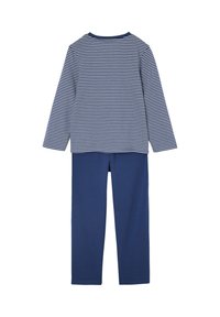 Langärmliges navy- und weiß gestreiftes Hemd kombiniert mit einfarbigen navy-geraden Hosen, von hinten auf einem weißen Hintergrund gezeigt.