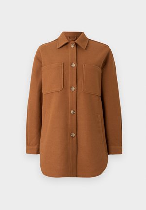 Brown wool shirt jacket with a pointed collar, six-button closure, two chest pockets, and side pockets. Smooth texture and relaxed fit.